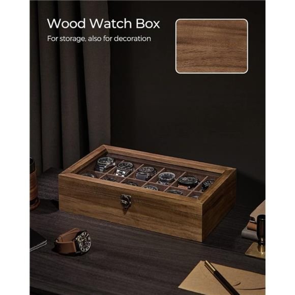 12-Slot Wood Watch Box Organizer with Large Glass Lid, Removable Pillows - Picture 6 of 7